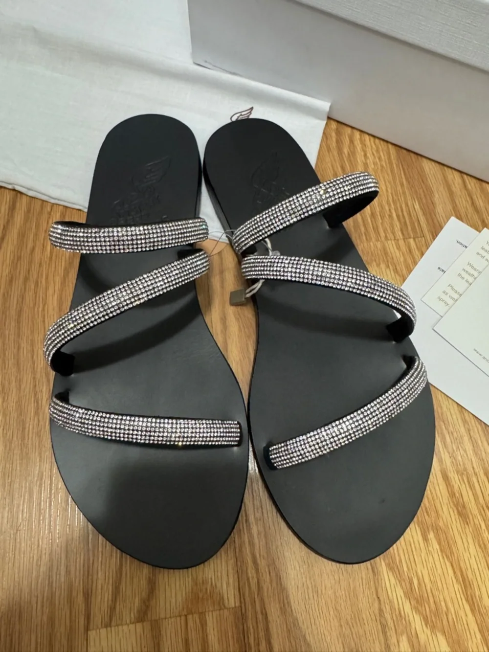 Ancient Greek Sandals Black Rhinestone Triple-Strap Slide Sandals EU37